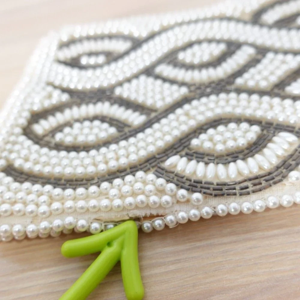 VINTAGE Boho Pearl Beaded Evening Clutch Bag Cream Art Deco Empress 70s Handmade